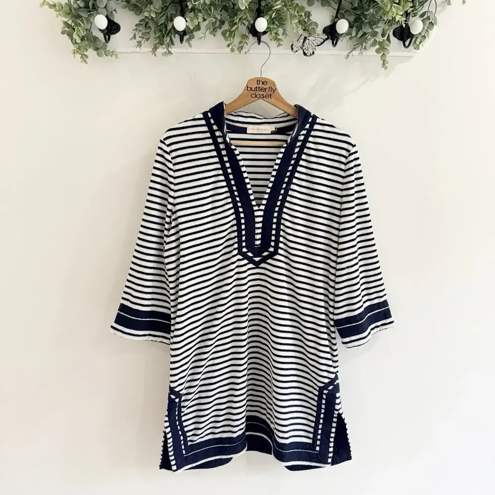 Tory Burch Navy/White Striped Tunic Terry Cloth swim coverup Size Large A5433